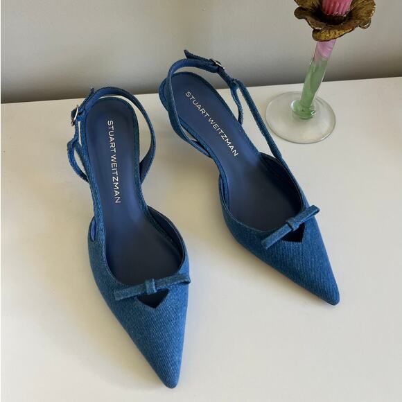 Stuart Weitzman Tully 30 Slingback Pumps Washed blue denim 7 - Picture 1 of 5